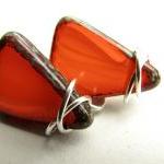 Orange Glass Earrings - Geometric Triangle..