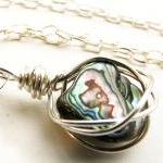 Paua Shell Necklace - Abalone Pendant, Sterling..