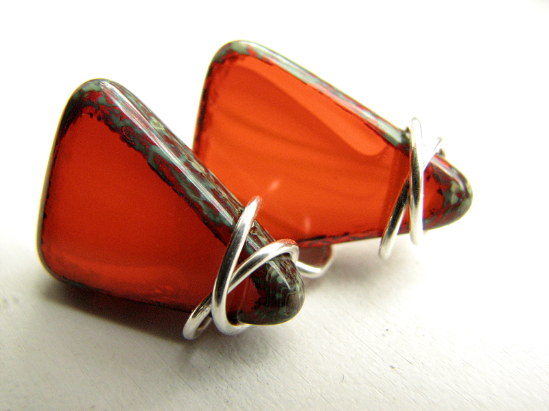 Orange Glass Earrings - Geometric Triangle Sterling Silver Earrings